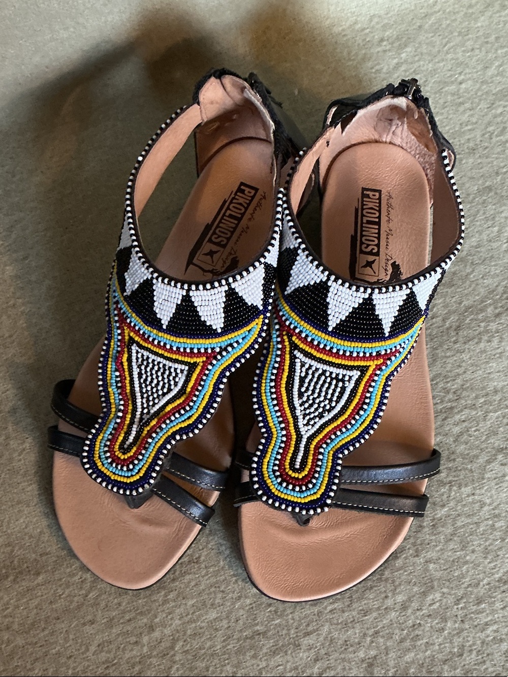 PIKOLINOS Black Multicolor Beaded T-Strap Sandals